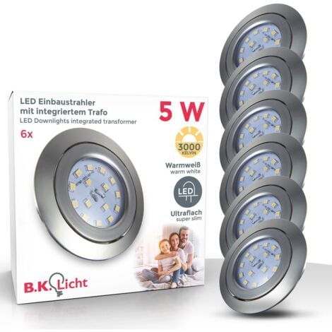 B.K.Licht lot de 6 spots LED encastrables ultra-plats, orientables, plafonnier design, éclairage encastré LED intérieur, blanc chaud 3000K, 230V, platine LED 5W intégrée, IP23