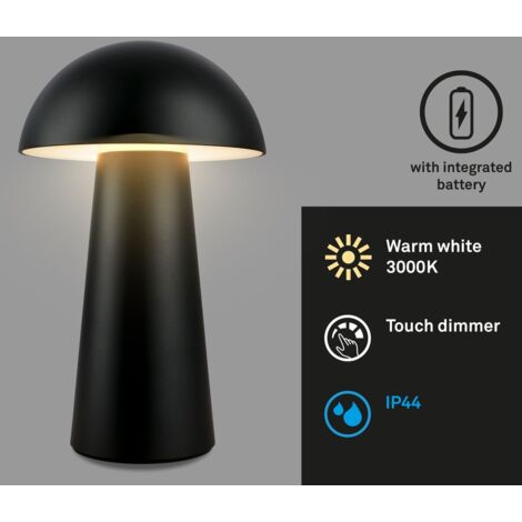Briloner Mini lampe de table LED sans fil, à intensité variable, tactile, sans fil, anti-éclaboussures, noir, Ø12 x 19,5 cm