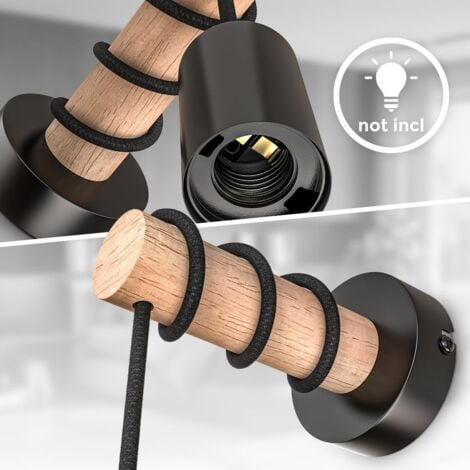 Applique murale, design rétro industriel, bois & métal, éclairage salon & chambre, douille E27, pour ampoule LED 10W max, noir