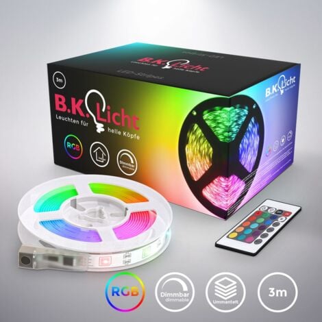 B.K.Licht Bande LED 3m, silicone, RVB, télécommande, autocollant,  changement de couleur, raccourcissable, ruban lumineux, éclairage