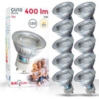 B.K.Licht lot de 10 ampoules 5W LED GU10, 400 Lumen par ampoule, lumière blanche chaude de 3000 Kelvin, 230V, faisceau lumineux 36°, forme réflecteur, Ø 60mm