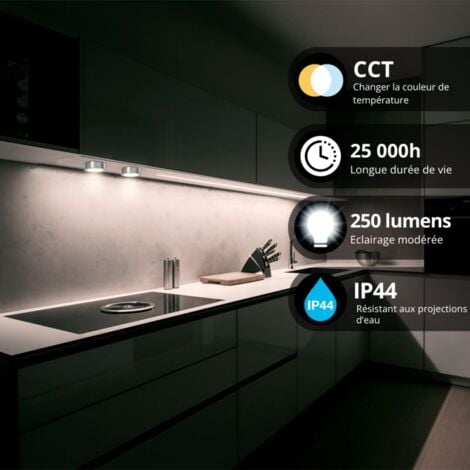 Spot de meuble acier brossé LED IP44, 2 modes de fixation, CCT