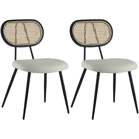 Happy Garden – Lot de 2 chaises vintage en cannage et tissu boucle écru – Structure en acier – Dimensions P 56 × l 48 × H 82 cm – Confort optimal pour salle à manger