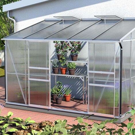Serre adossée IDA 6500 - 6,50 m² polycarbonate avec porte coulissante et lucarnes, Couleur Vert, Polycarbonate 6 mm (1/5)