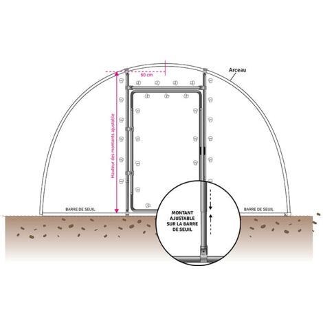 Kit porte adaptable pour serre de H min 1,80 m - max 2 m, Barre de seuil Ø 25 mm, Diamètre de votre arceau 60 mm