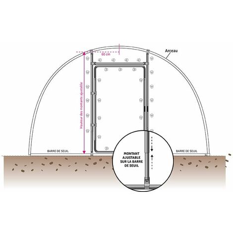 Kit porte adaptable pour serre de H min 1,80 m - max 2 m, Barre de seuil Ø 50 mm, Diamètre de votre arceau 30 mm