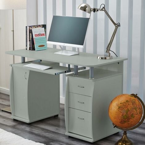 Deluxe Computer Desk With Cabinet and 3 Drawers - Grey