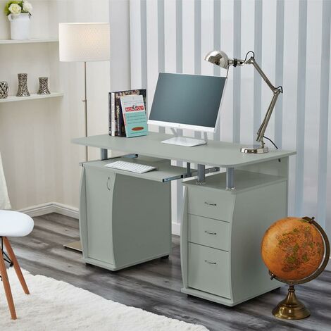 Deluxe Computer Desk With Cabinet and 3 Drawers - Grey