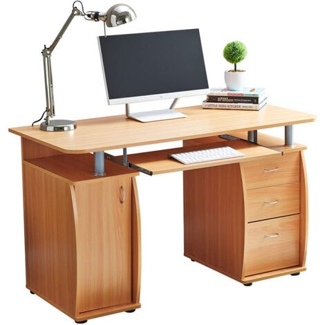 Deluxe Computer Desk With Cabinet and 3 Drawers - Beech