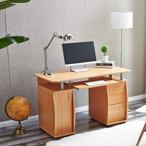 Deluxe Computer Desk With Cabinet and 3 Drawers - Beech