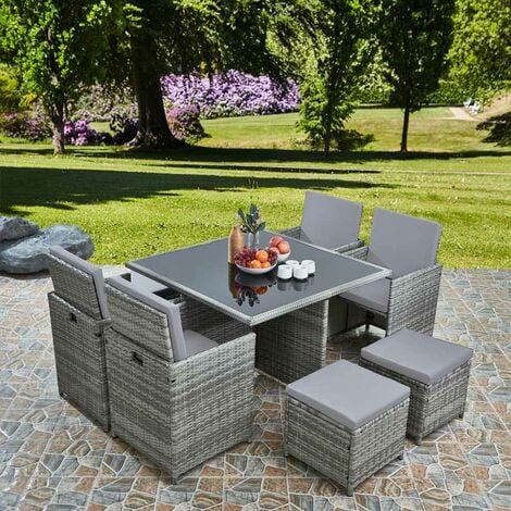 Deluxe 9 Piece 8 Seater Rattan Dining Garden Furniture Patio Set - Grey/Grey