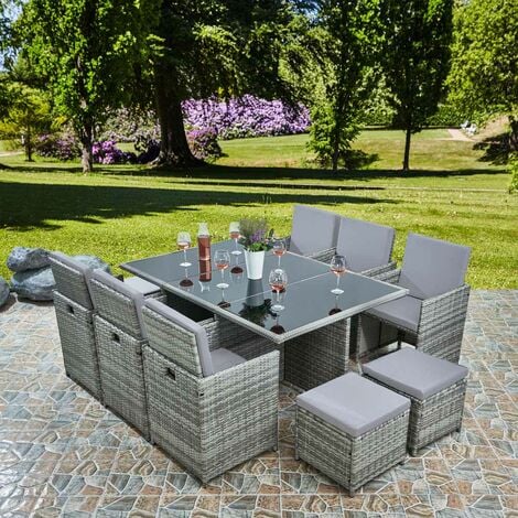 Deluxe 11 Piece 10 Seater Rattan Cube Garden Furniture Patio Set - Grey/Grey