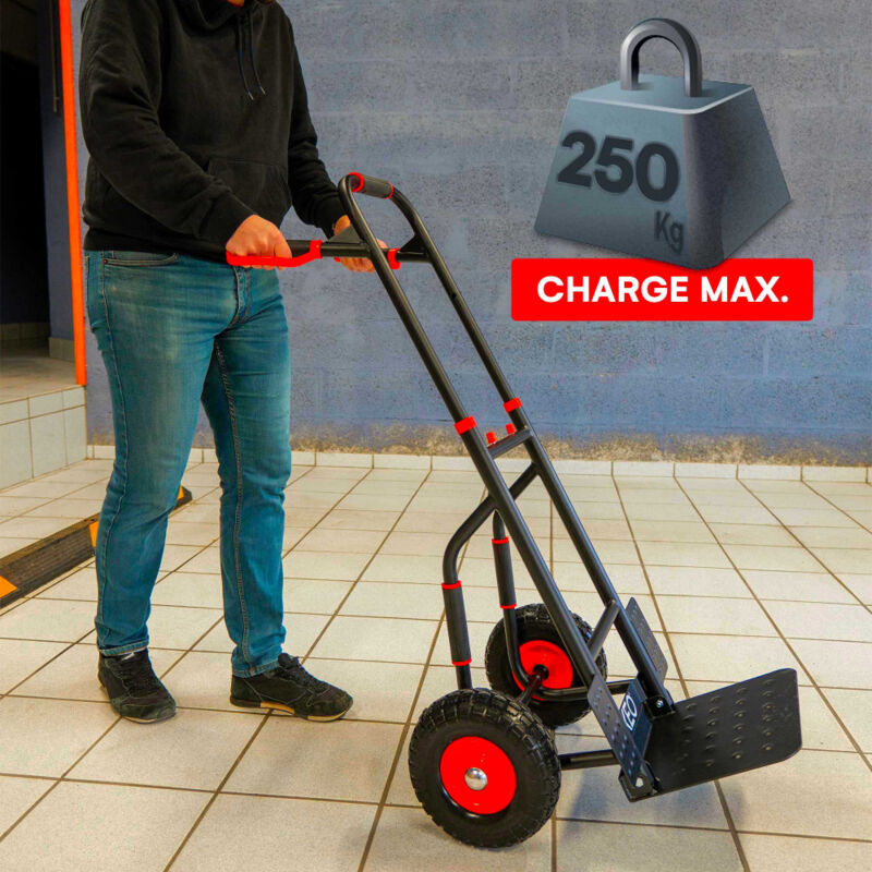 Diable Aluminium 3 En 1 Charge 250kg - 2 Roues Pivotantes + 2 Roues Gonflables - Plateau 45,5x18 Cm
