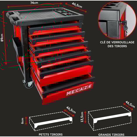 Servante atelier 6 tiroirs - Bac porte-outils - Fermeture sécurisée - 2 roulettes avec freins - Capacité par tiroir 30kg