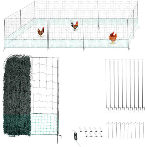 Filet de cloture à poule 30M - Avec Porte d'accès - 10 piquets renforcés double pointes - Hauteur 120cm - Noir