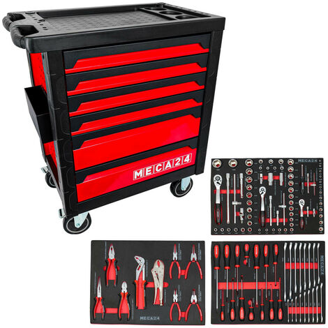 Servante pro 6 tiroirs - 3 tiroirs équipés 112 outils - Fermeture sécurisée - 2 roulettes avec freins - Capacité par tiroir 30kg