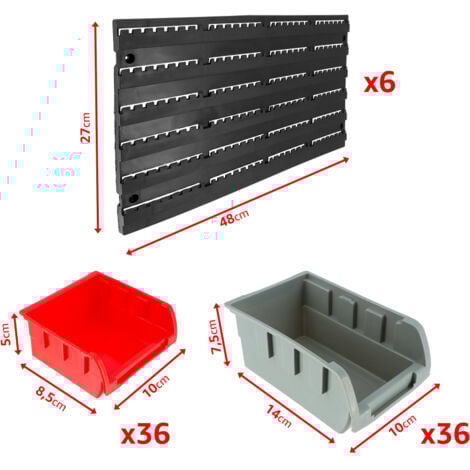 Etagère murale rangement outils  - 72 bacs de rangement empilables - 6 panneaux 47,5 X 27,2 X 1,5cm - Rangement Atelier Garage