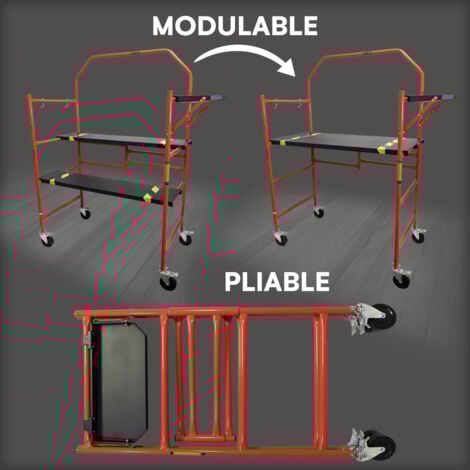 Echafaudage roulant - Pliable sur Roulettes - Hauteur de travail 85cm - Acier - 226kg