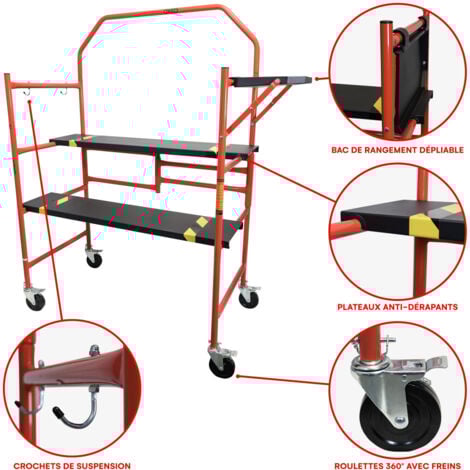 Echafaudage roulant - Pliable sur Roulettes - Hauteur de travail 85cm - Acier - 226kg