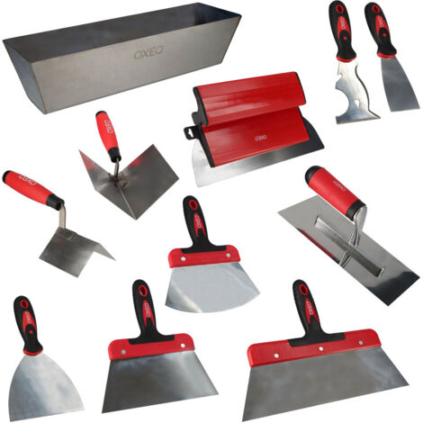Kit outils plâtrier - 11 outils - Acier inoxydable - idéal bande à joint - Bac - Couteaux - Platoir - Spatules -Truelles d'angle