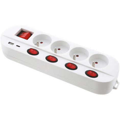 Bloc multiprise - Blanc - 4 prises 16A+T - 5 interrupteurs - Chargeur USB C et A - Multiple Charge Rapide - Câble 1,5 mètres (1/3)