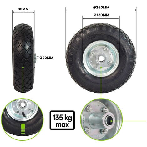 LOT de 4 x roue gonflable diable 260 x 85 (3.00-4) alésage 20 mm roulement  à rouleaux