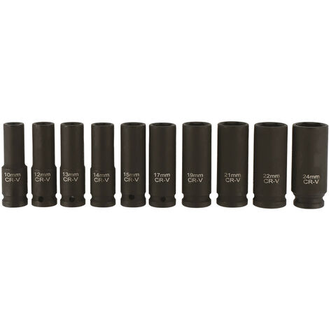 Jeu de 10 douilles longues à choc chrome molybdène 6 pans carré 1/2