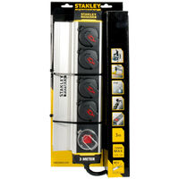 Stanley – Bloc multiprise étanche IP44 – 4 prises 16A avec clapets de protection – Câble 3m H07RN-F en caoutchouc – Pince d'accroche en aluminium