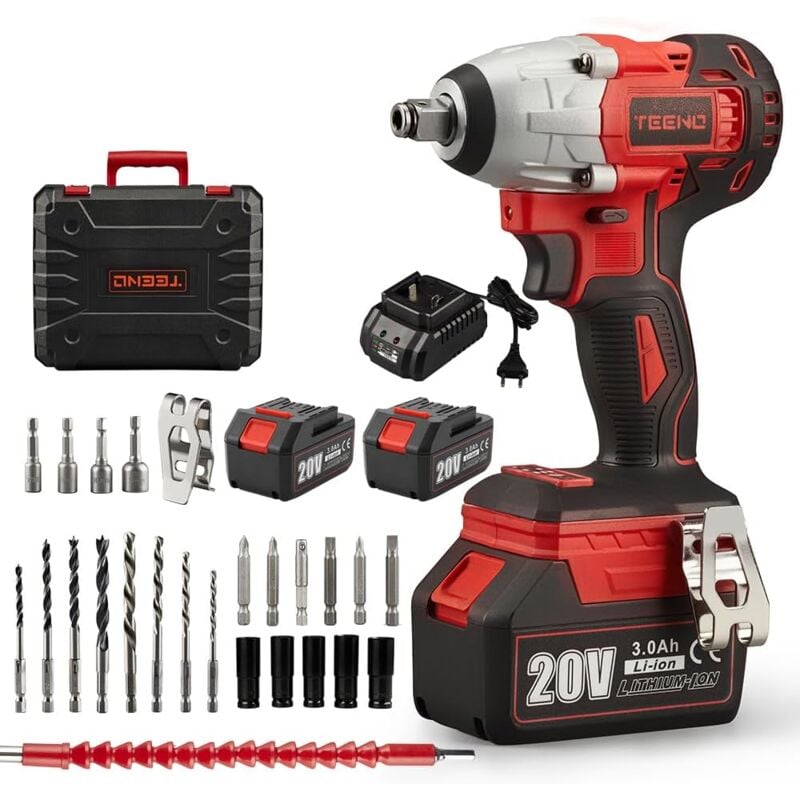Clé à chocs sans fil Brushless TEENO, 320Nm Boulonneuse a Choc avec 23.0Ah Batterie 20V, Boulons de Roue, Boîte avc 25pcs Accessoires (Deux batteries)