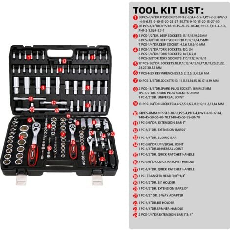Coffret de Douille et Embouts Mallette à Outils TEENO,Cliquet 1/2-inch et 1/4-inch,3/8-inch (72 Dents) - 172 pcs - Chrome Vanadium - Mat Satinée