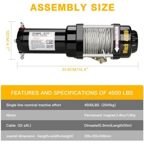 STANEW Treuil électrique 12 V Traction Jusqu’à 4500 LB/2041 Kg Câble en Acier de 10m, Noir, treuils à Corde synthétique télécommandés sans Fil