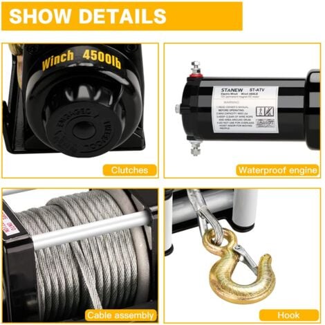 STANEW Treuil électrique 12 V Traction Jusqu’à 4500 LB/2041 Kg Câble en Acier de 10m, Noir, treuils à Corde synthétique télécommandés sans Fil