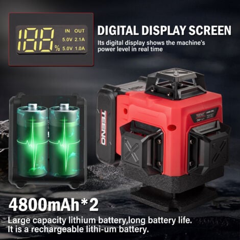TEENO Niveau Laser 4 x 360° avec Affichage de La Puissance, vert 4D 16 Line, Batterie Rechargeable 4800 mAh x 2, Niveaux laser avec télécommande et trépied, base magnétique
