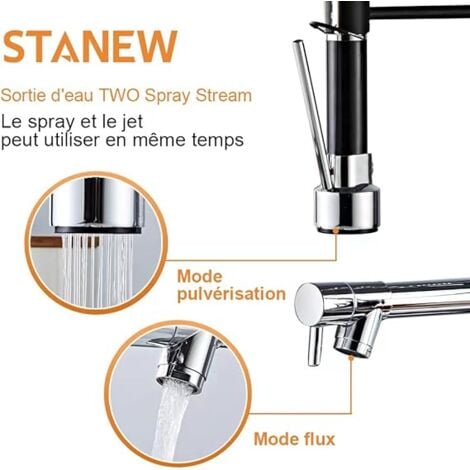 STANEW Robinet Cuisine pivotant à 360°, Chromé Robinet de Cuisine Laiton , Mitigeur Cuisine Deux Jets Robinet Avec Douchette Flexible