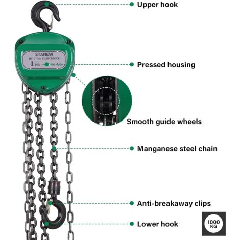 Palan à Chaîne Manuel STANEW 2 Tonnes - Hauteur Levage 3m - Chaîne G80 - Crochet Sécurité - Vert