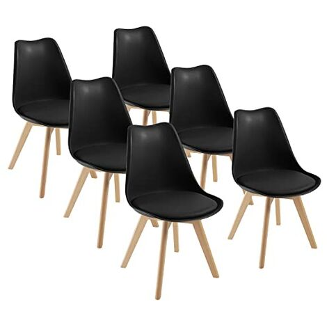 Chaises de Salle à Manger scandinave DEWINNER, Chaise de Bureau rétro, Assise rembourrée en hêtre Massif (Noir, Lot de 6)