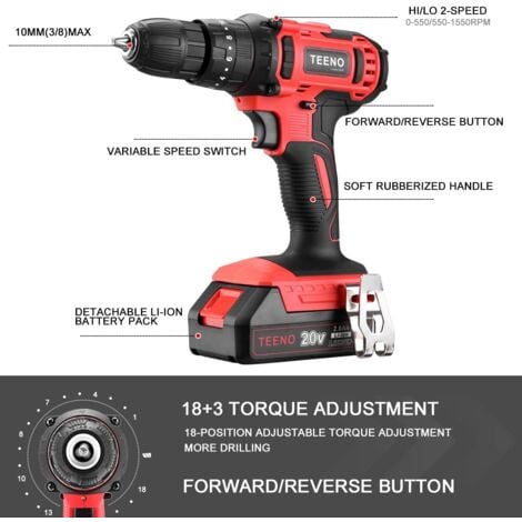 TEENO Perceuse Visseuse a Percussion sans fil 20V, Visseuse Devisseuse Sans Fil avec 2 Batterie 2.0Ah, 40Nm, 2 Vitesses, 18+3 réglages de couple