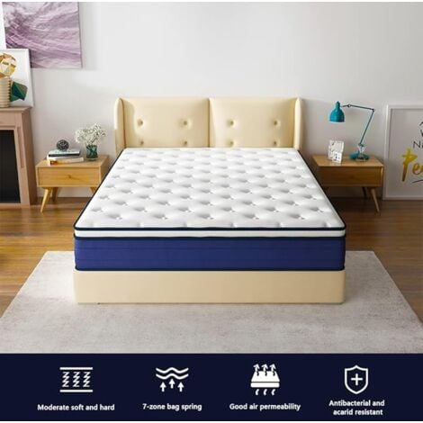 Matelas à Ressorts ensachés STANEW, 25 cm d'épaisseur, Matelas à Ressorts ensachés 7 Zones Trois côtés, fermeté modérée, Confortable et Respirant, antibactérien et Anti-acariens (140x190x25cm)
