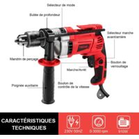 Perceuse à Percussion TEENO 910W - 0-3000 Tr/min, Mandrin 13mm, 37 Accessoires, Fonction Perçage/marteau