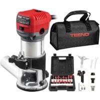 TEENO Affleureuse Défonceuse 710W, 13000-33000 RPM Avec Housse anti Poussière, Affleureuse à Bois Avec 15 Fraises à Défoncer Queue de 1/4", 6 Vitesses Variables, Base Fixe Mèches 6/6.35/8mm