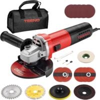 TEENO 1000W  Meuleuse D'angle, 20 Accessoires, Meuleuse Angulaire Régime à Vide 2000-12000 trs/min, Meuleuse Angulaire Avec Sac à Main en Toile, Disque 125 mm, Coupe et le Meulage, Le Polissage, Métal
