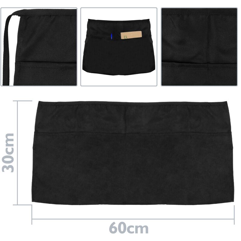 PrimeMatik - Grembiule da cucina e cameriere 60 x 30 cm nero in vita corta  con 3 tasche 3-pack