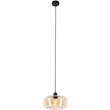 Qazqa Art Deco Tischlampe Bizle – Schwarz Mit Braunem Glas, 28x46 Cm, Dimmbar, E27, Für Wohnzimmer & Schlafzimmer
