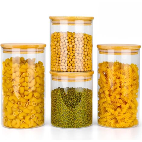Neo Set of 4 Glass Storage Jars with Bamboo Lids Airtight Glass Canisters with 2 Size 800ml and 1200ml, Large Kitchen Food Storage Jars Cabinet Dishwasher Safe