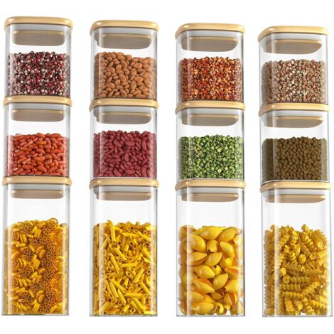 Neo Set of 12 Square Glass Storage Jars with Bamboo Lids Airtight Glass Canisters (1/5)