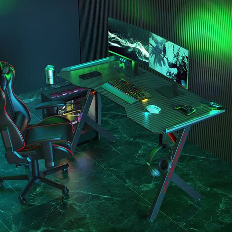 Neo Gaming Desk LED  Computer Racing Table with Cup Holder Headphone Hook Cable Management