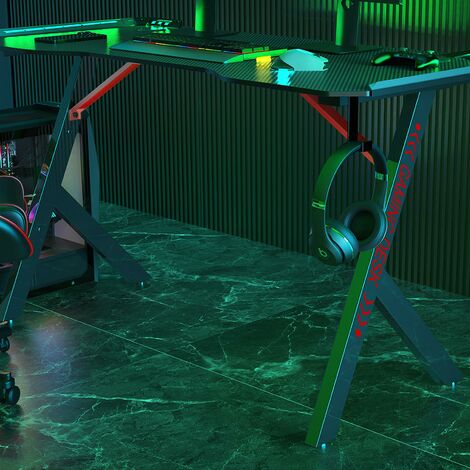 Neo Gaming Desk LED  Computer Racing Table with Cup Holder Headphone Hook Cable Management