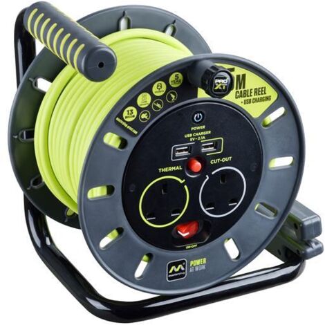 Masterplug PRO-XT Open Cable Reel 240V 13A 2-Socket & 2 USB (2.1A Shared) 25m MSTOMU25132