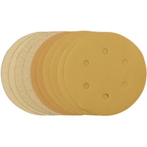 Gold Sanding Discs with Hook & Loop, 150mm, Assorted Grit - 120G, 180G, 240G, 320G, 400G (Pack of 10) (64284)