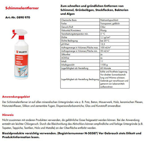 Chlorreiniger, 250 ml, zum desinfizieren, entfernt Schimmel in